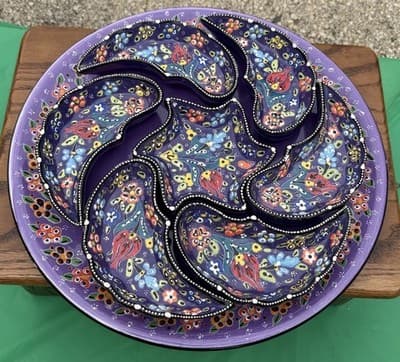 Handmade Turkish Divided Serving Tray Purple Floral Appetizer Platter 14”