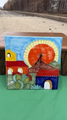 Nino Parrucca Italian Ceramic Tile Clock Hand Painted Sicily Scene 10”