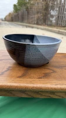 Handmade Studio Pottery Bowl Gray Black Glazed Stoneware 8.5” - Thumbnail 3