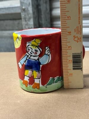 Hand Painted Christmas Mug Snowman Folk Art Red Ceramic Cup - Thumbnail 3