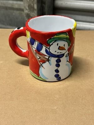 Hand Painted Christmas Mug Snowman Folk Art Red Ceramic Cup