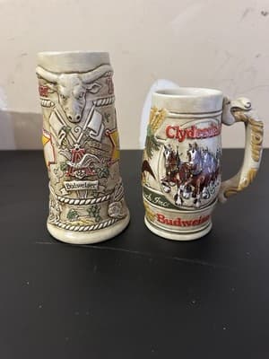 Lot of 2 Budweiser Collectible Beer Steins – Clydesdales & Texas Longhorn Design