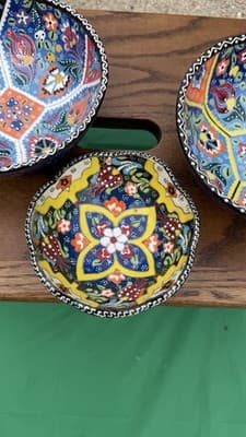 Set of 3 Handmade Turkish Kutahya Ceramic Bowls Colorful Floral 6” - Thumbnail 3