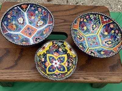 Set of 3 Handmade Turkish Kutahya Ceramic Bowls Colorful Floral 6”