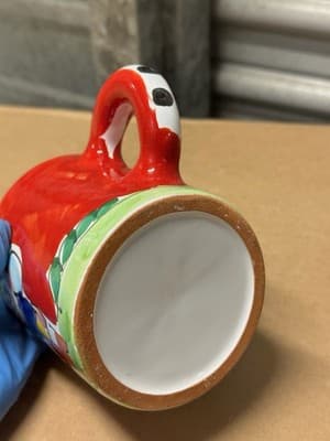 Hand Painted Christmas Mug Snowman Folk Art Red Ceramic Cup - Thumbnail 4