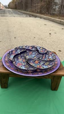 Handmade Turkish Divided Serving Tray Purple Floral Appetizer Platter 14” - Thumbnail 13