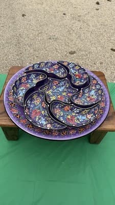 Handmade Turkish Divided Serving Tray Purple Floral Appetizer Platter 14” - Thumbnail 2