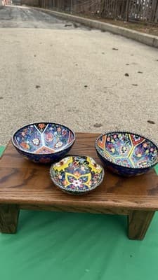 Set of 3 Handmade Turkish Kutahya Ceramic Bowls Colorful Floral 6” - Thumbnail 19
