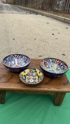 Set of 3 Handmade Turkish Kutahya Ceramic Bowls Colorful Floral 6” - Thumbnail 20