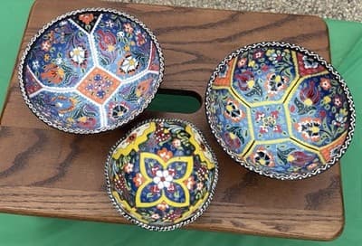 Set of 3 Handmade Turkish Kutahya Ceramic Bowls Colorful Floral 6” - Thumbnail 18