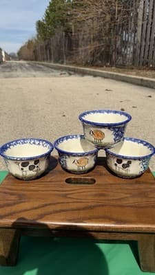 Set of 4 Blue Spongeware Farm Animal Bowls Rustic Pottery Cups - Thumbnail 2
