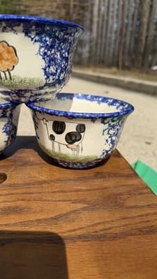 Set of 4 Blue Spongeware Farm Animal Bowls Rustic Pottery Cups - Thumbnail 7