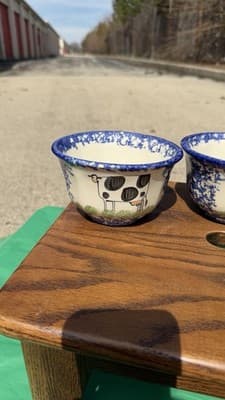 Set of 4 Blue Spongeware Farm Animal Bowls Rustic Pottery Cups - Thumbnail 3