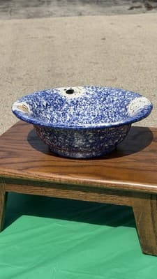 Blue Spongeware Farm Animal Serving Bowl Rustic Pottery 11.5 in - Thumbnail 2