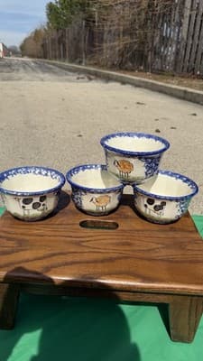 Set of 4 Blue Spongeware Farm Animal Bowls Rustic Pottery Cups