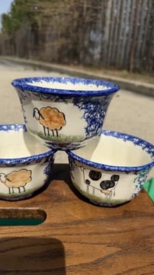 Set of 4 Blue Spongeware Farm Animal Bowls Rustic Pottery Cups - Thumbnail 5