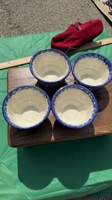 Set of 4 Blue Spongeware Farm Animal Bowls Rustic Pottery Cups - Thumbnail 8