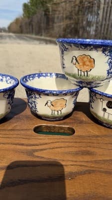 Set of 4 Blue Spongeware Farm Animal Bowls Rustic Pottery Cups - Thumbnail 4