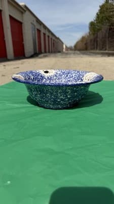 Blue Spongeware Farm Animal Serving Bowl Rustic Pottery 11.5 in - Thumbnail 7