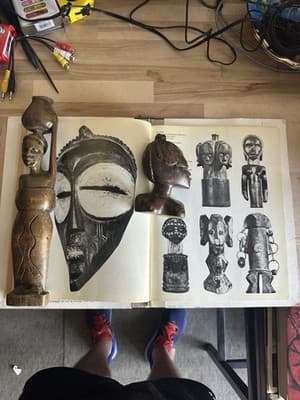 Pair of African Tribal Hand-Carved Wooden Figurines + Art Book –Vintage Folk Art