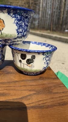 Set of 4 Blue Spongeware Farm Animal Bowls Rustic Pottery Cups - Thumbnail 6