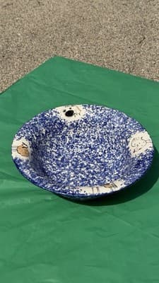 Blue Spongeware Farm Animal Serving Bowl Rustic Pottery 11.5 in - Thumbnail 9