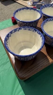 Set of 4 Blue Spongeware Farm Animal Bowls Rustic Pottery Cups - Thumbnail 17