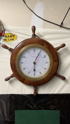 Nautical Ship Wheel Wall Clock Wooden Brass Quartz Ships Time 20”