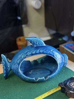 Rare Vintage Blue Pottery Fish Hanging Ashtray w/ Chain MCM Mid Century Modern