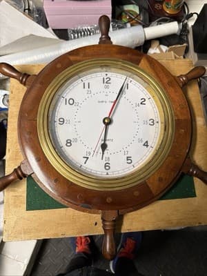 Nautical Ship Wheel Wall Clock Wooden Brass Quartz Ships Time 20” - Thumbnail 2