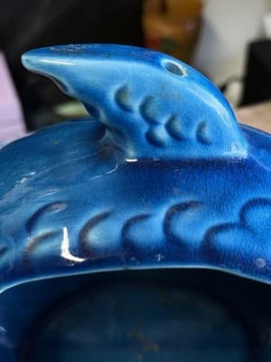 Rare Vintage Blue Pottery Fish Hanging Ashtray w/ Chain MCM Mid Century Modern - Thumbnail 8