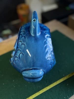 Rare Vintage Blue Pottery Fish Hanging Ashtray w/ Chain MCM Mid Century Modern - Thumbnail 6