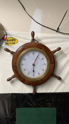Nautical Ship Wheel Wall Clock Wooden Brass Quartz Ships Time 20” - Thumbnail 3