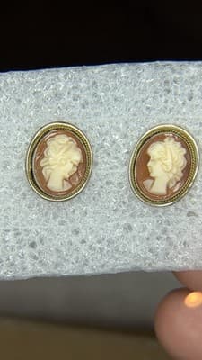 Vintage Cameo Style Stud Earrings Silver Tone Oval Lady Portrait