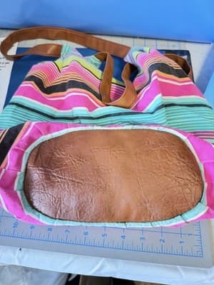 American Eagle Striped Canvas Tote Bag Pink Blue Brown Leather Handles - Thumbnail 4