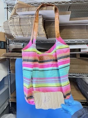 American Eagle Striped Canvas Tote Bag Pink Blue Brown Leather Handles - Thumbnail 3