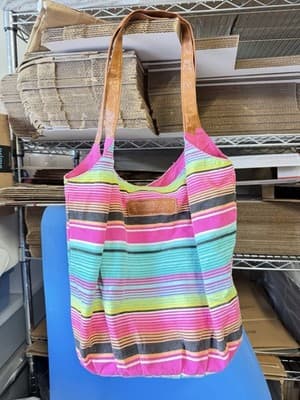 American Eagle Striped Canvas Tote Bag Pink Blue Brown Leather Handles