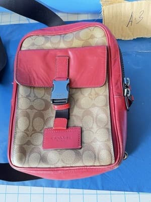 Coach Signature Red Leather Trim Crossbody Messenger Bag - Thumbnail 3