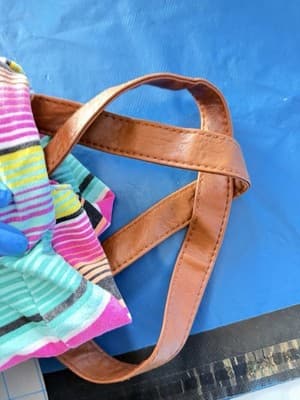American Eagle Striped Canvas Tote Bag Pink Blue Brown Leather Handles - Thumbnail 6