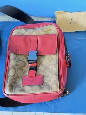 Coach Signature Red Leather Trim Crossbody Messenger Bag