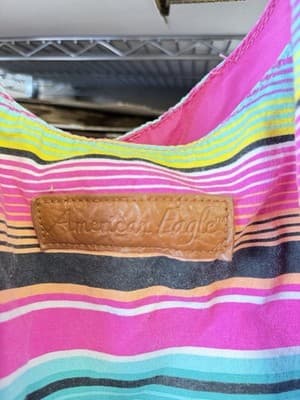 American Eagle Striped Canvas Tote Bag Pink Blue Brown Leather Handles - Thumbnail 2