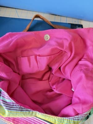American Eagle Striped Canvas Tote Bag Pink Blue Brown Leather Handles - Thumbnail 5