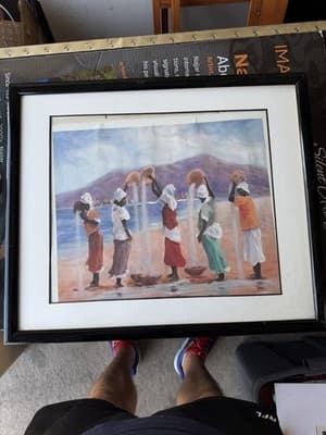 Large Framed Canvas Art Women at Shore Vintage Avon Print? 24x28 in Handwritten