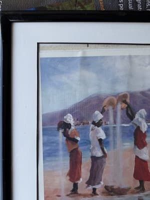 Large Framed Canvas Art Women at Shore Vintage Avon Print? 24x28 in Handwritten - Thumbnail 6