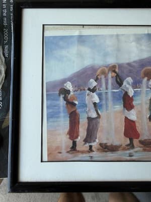 Large Framed Canvas Art Women at Shore Vintage Avon Print? 24x28 in Handwritten - Thumbnail 4