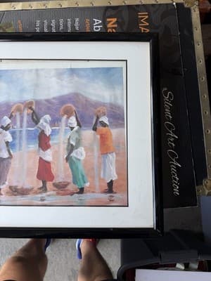 Large Framed Canvas Art Women at Shore Vintage Avon Print? 24x28 in Handwritten - Thumbnail 9