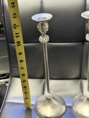 Set of 2 Silver Tone Candle Holders Rhinestone Accent 11” Tall Used - Thumbnail 6