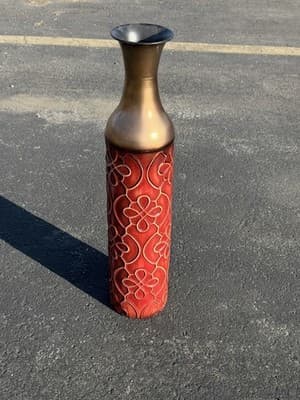 19" Tall Vintage Metal Floor Vase Decorative Red Gold Green Floral Square Sturdy