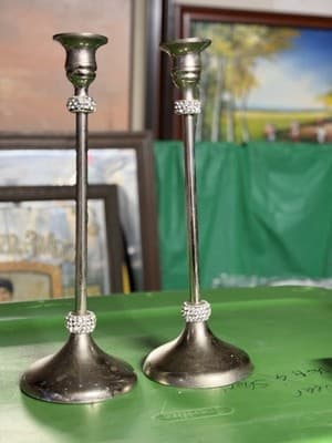 Set of 2 Silver Tone Candle Holders Rhinestone Accent 11” Tall Used - Thumbnail 2