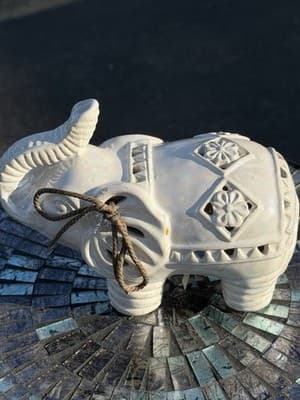 Vintage Style White Ceramic Elephant Figurine, Decorative Stones Inside